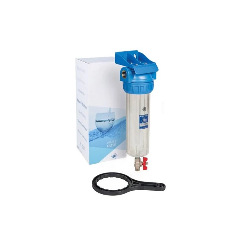 Vízszűrő ház leeresztőcsappal 10", 1", konzol, kulcs (Aquafilter)